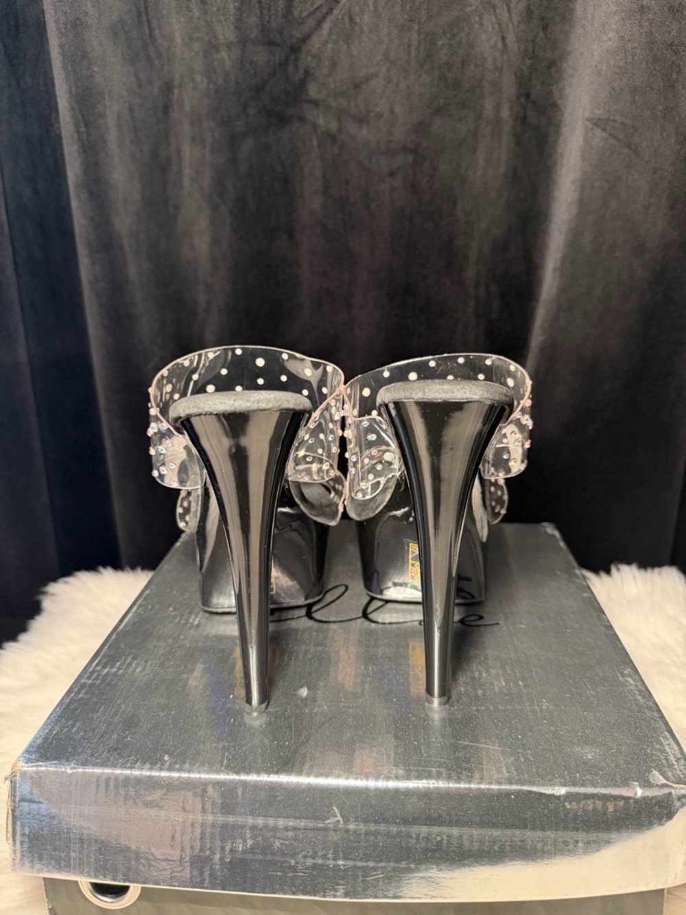 Ellie Black Platform Heels with Iridescent Crystal Straps - Picture 5 of 12